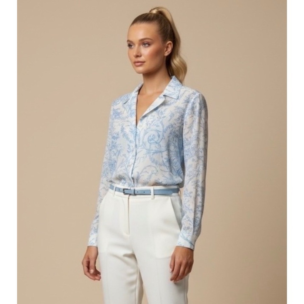 NEW Vintage Linda Lundstrom Blue White Toile Print Button Up Blouse Size 10 Tops